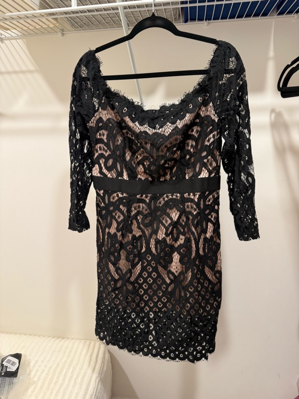 Black Lace Long Sleeve Dress with Nude Lining